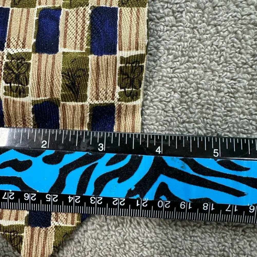 Ermenegildo Zegna Silk Tie Blue Green Tan Geometric Patchwork Made in Italy